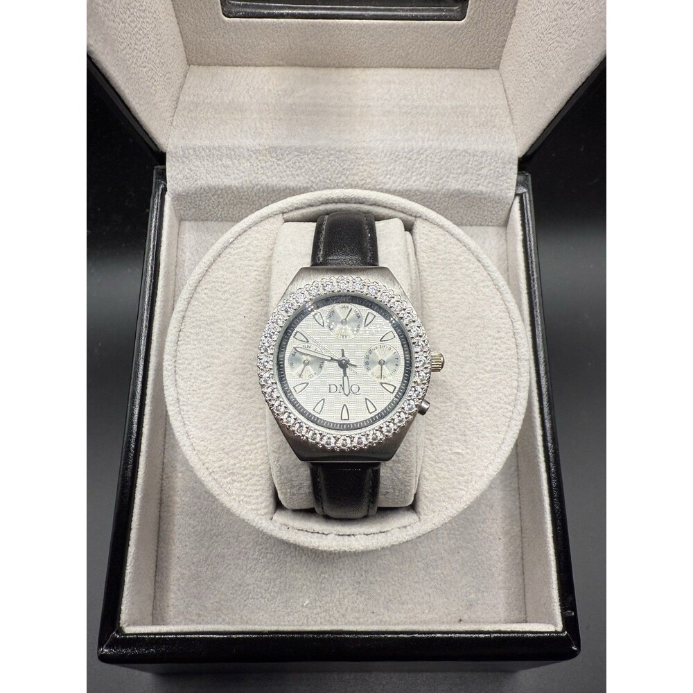 DMQ Ladies Techno Style Watch by Diamonique Black Croc Leather Band New Battery